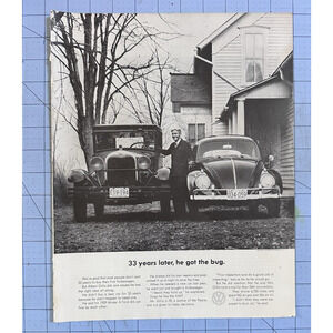 1963 Volkswagen Bug Vintage Ad "33 Years Later, He Got the Bug" VW